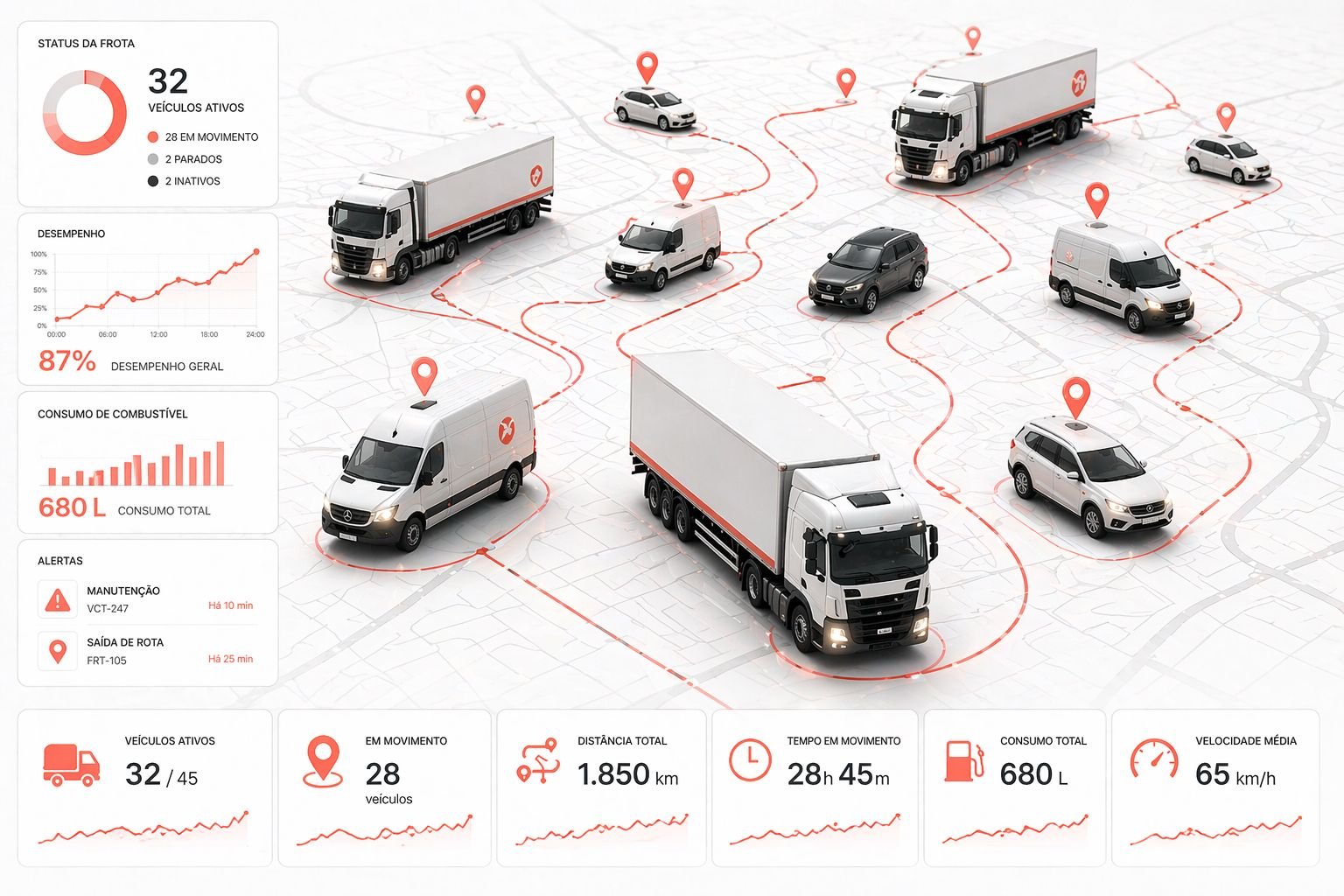 Mockup da plataforma de gestão de frotas com mapa, veículos e indicadores